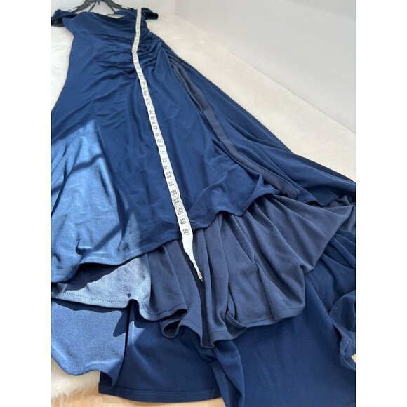 New La Femme Size 10 Off the Shoulder Ruched Floor Length Gown Navy - Picture 7 of 13